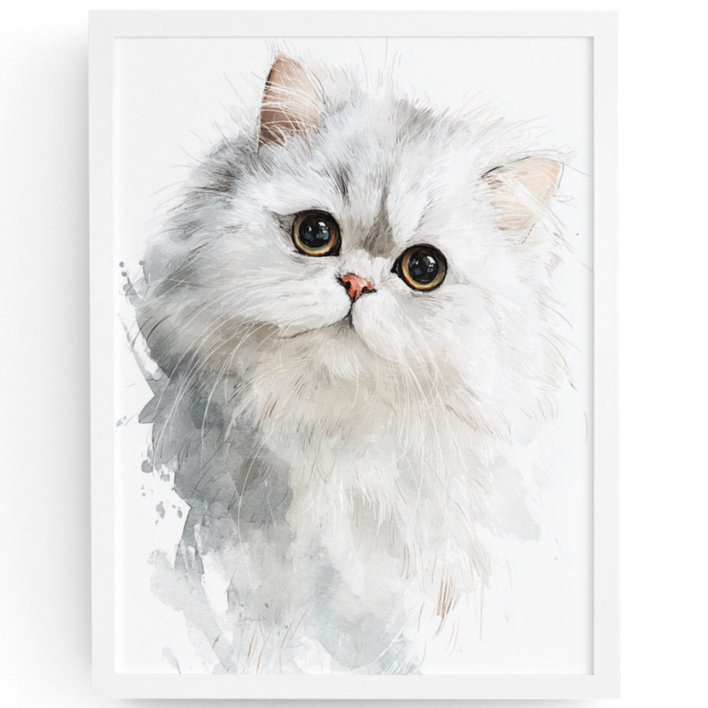 Watercolor White Persian Cat Portrait Wall Art Print Poster, Unframed